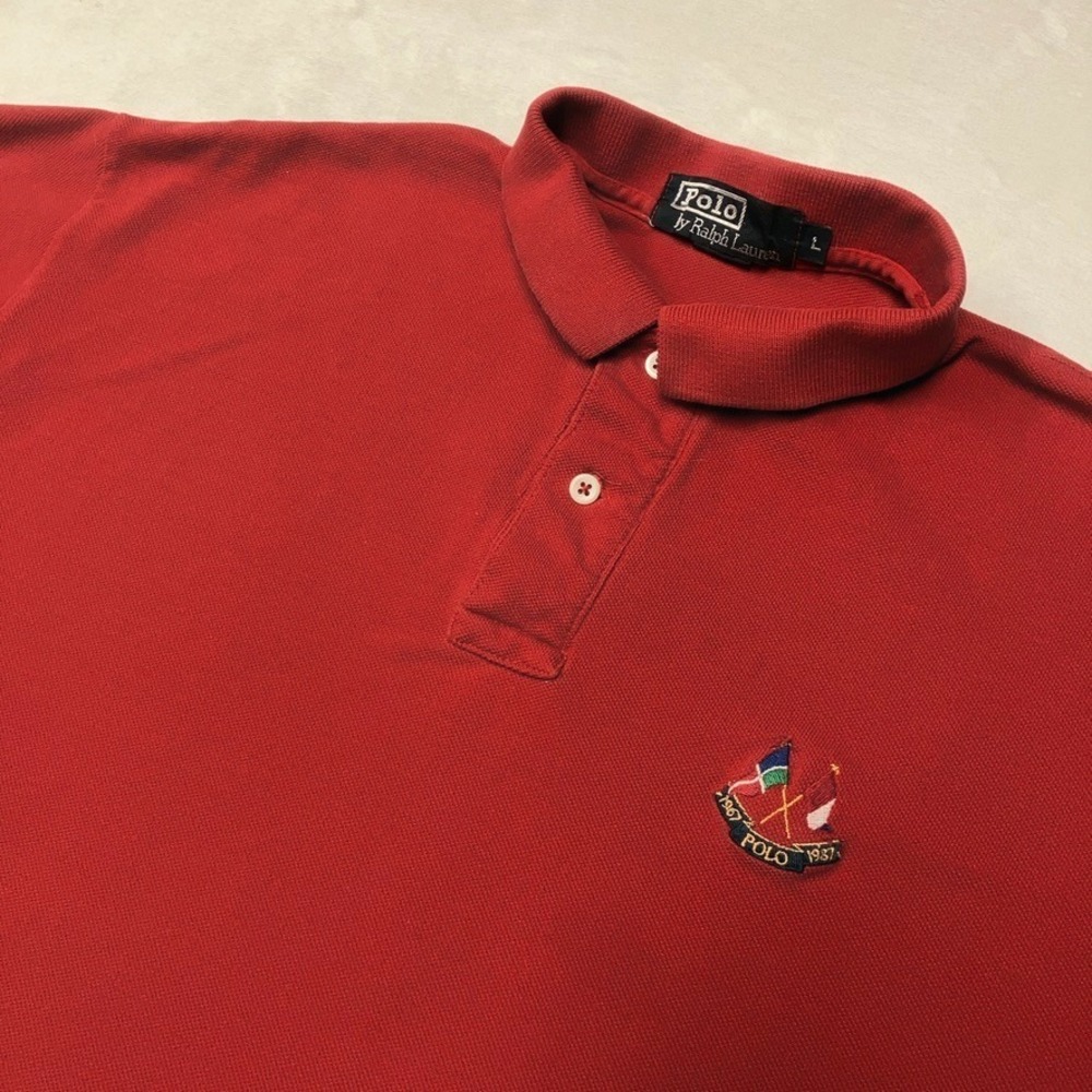 Vintage Polo Ralph Lauren Cross Flags Emblem Logo Shirt Men's Large‎ Red